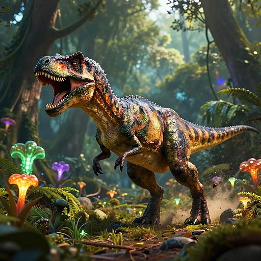 Photorealistic CGI of a roaring, glowing, striped dinosaur in a lush, glowing forest with colorful mushrooms and sunlight filtering through trees.