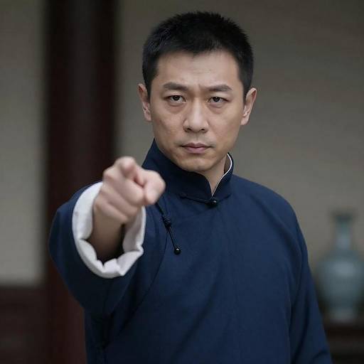 Determined Asian Man in Blue Robe