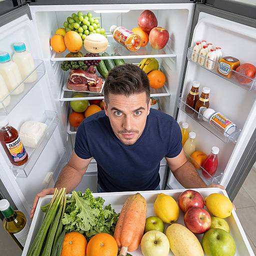 Photograph of a man with short dark hair, wearing a black t-shirt, standing inside an open refrigerator, holding a white plate with fresh vegetables and