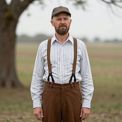 Photograph of a bearded man with a serious expression, wearing a striped shirt, brown suspenders, brown pants, and a flat cap, standing