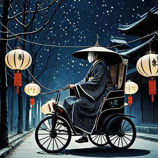 Traditional Ronin in Rickshaw with Lanterns at Night