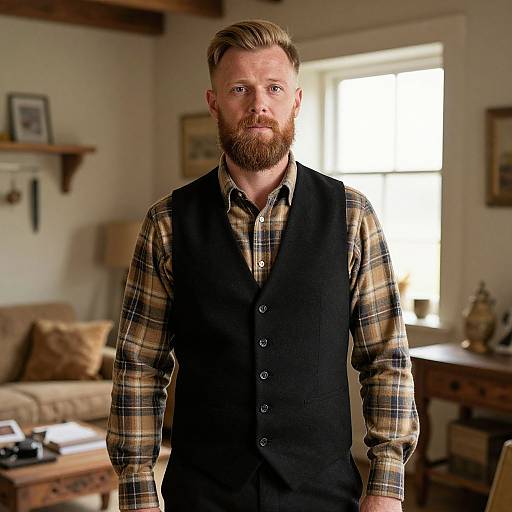 Photograph of a handsome, bearded man with blond hair, wearing a black vest over a plaid shirt, standing in a warmly lit, cozy