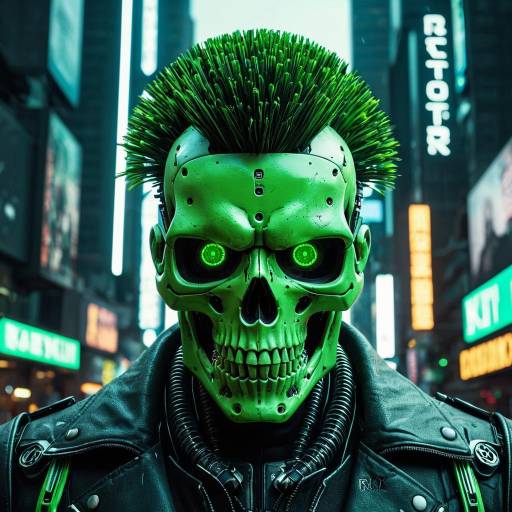 Cyberpunk Green Robotic Skull with Mohawk