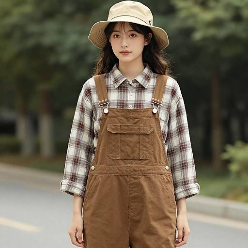 Photograph of an Asian woman with long black hair, wearing a beige sunhat, white plaid shirt, and brown overalls, standing on a