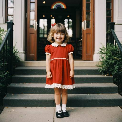 Smiling Toddler Girl in Red Dress Outside Library