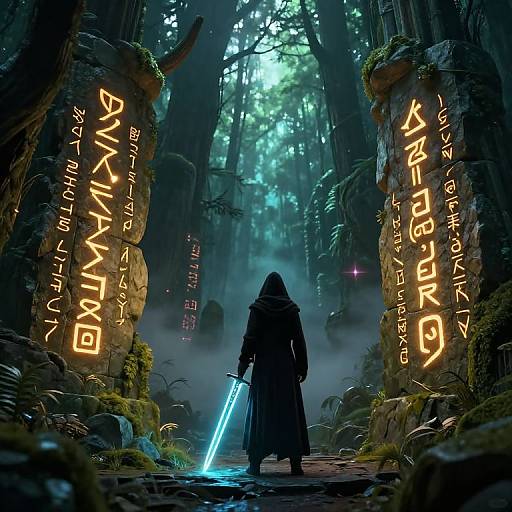 Digital art: Dark-robed figure with glowing blue sword stands between glowing stone pillars in misty, enchanted forest, with ancient runes illuminated.