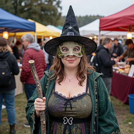 Photograph of a smiling woman in a witch costume, green hat, masquerade mask, green robe, holding a wooden staff, at an outdoor