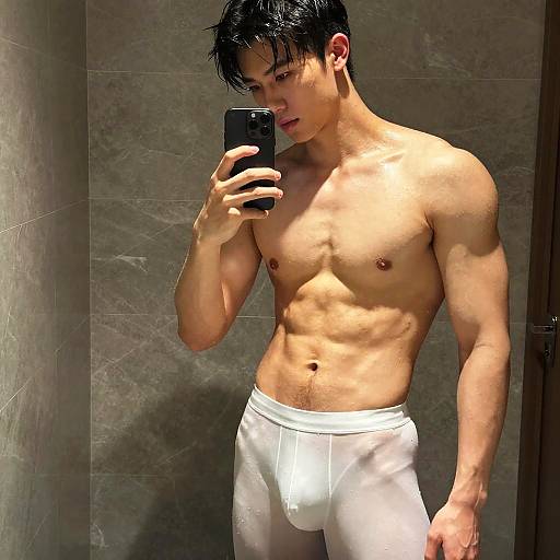 Photograph of a toned, young Asian man with wet black hair, taking a mirror selfie in a dimly lit bathroom. He's wearing only white