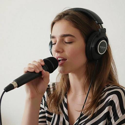 Close-Up of Woman Singing with Headphones