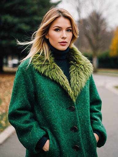 Blonde Woman in Green Fur Collar Coat Outdoors