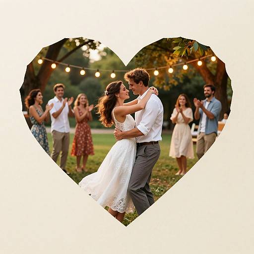 Photograph of a couple dancing in a heart-shaped frame, surrounded by string lights and guests in an outdoor garden setting.