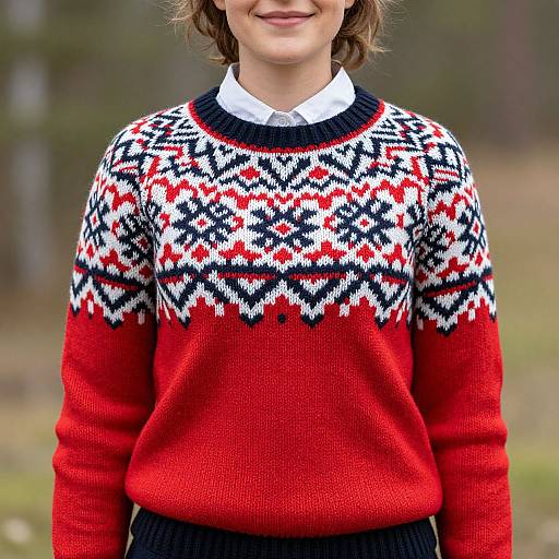 Photograph of a person with short brown hair, wearing a red sweater with white, black, and red geometric patterns, and a white collared shirt