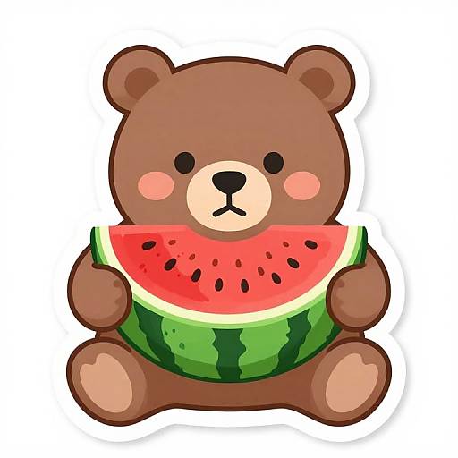 Cartoon brown teddy bear with pink cheeks holding a slice of watermelon, black nose, and small black eyes, against white background.