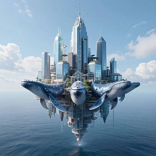 Digital artwork of futuristic cityscape floating on water, featuring sleek skyscrapers, mirrored whale-like structures, and blue sky with clouds.