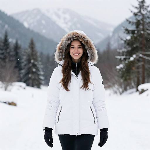 Smiling Woman in Snowy Mountain Landscape