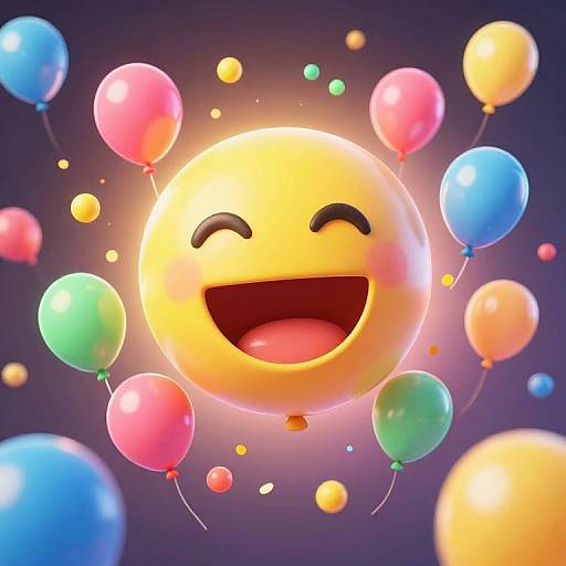 Bright digital illustration of a yellow, smiling emoji surrounded by colorful, floating balloons in blue, pink, green, and orange.