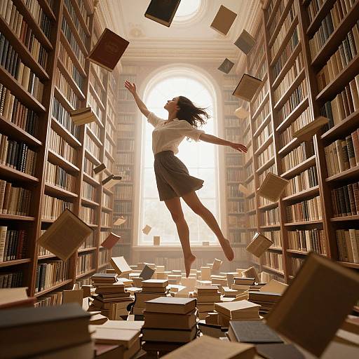 Digital art: Silhouetted girl with long hair, white shirt, and gray skirt joyfully leaps amidst flying books in a sunlit, vast