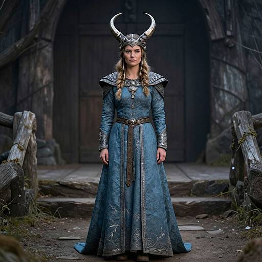 Photograph of a blonde woman in Viking attire: blue embroidered dress, silver horned helmet, standing in a dark, medieval forest gate.