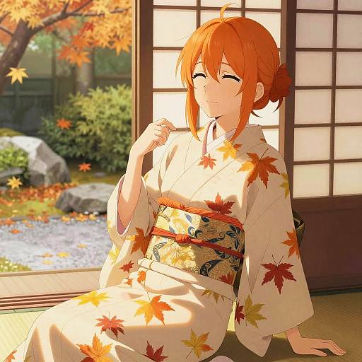 Anime-style digital artwork of a red-haired woman in an autumn-themed kimono, sitting by a shoji screen window with a sunny garden outside.
