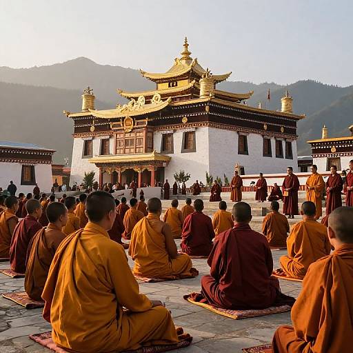 Photograph of Buddhist monks in orange robes seated in a courtyard, facing a white and gold-roofed temple with mountains in the background.
