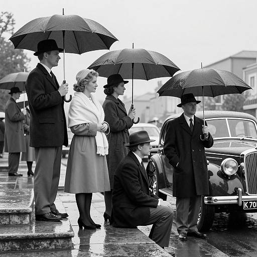 Vintage Scene of People with Umbrellas
