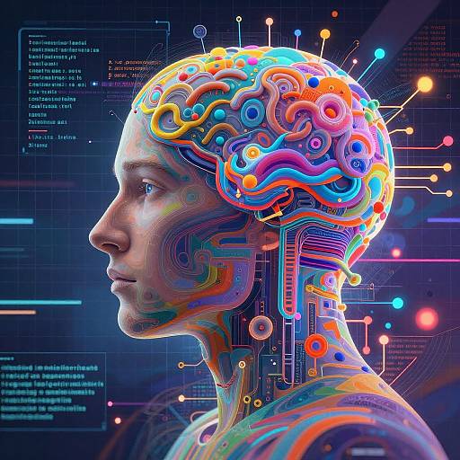 Digital art of a human profile with a colorful, circuit-like brain and neck, set against a dark, tech-themed background.