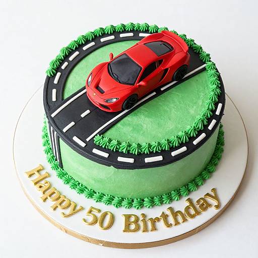 Photograph of a green birthday cake with a red car on a black road, 