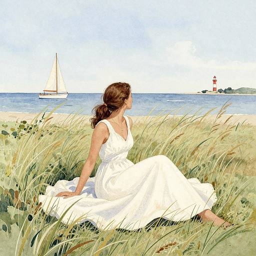 Digital painting of a woman in a white dress sitting in grassy dunes, watching a sailboat and lighthouse by the sea.