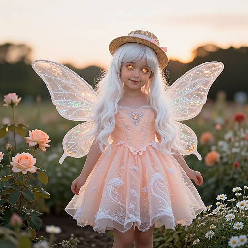Photograph of a young girl in a fairy costume with white hair, glowing eyes, transparent wings, pink dress, and straw hat, standing in a