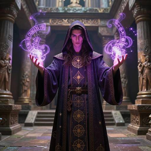 Photograph-like CGI: Dark-robed wizard with glowing purple magical orbs in ornate, ancient temple. Detailed robe with gold symbols, intense expression,