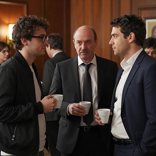Three Men Having Coffee in Formal Setting