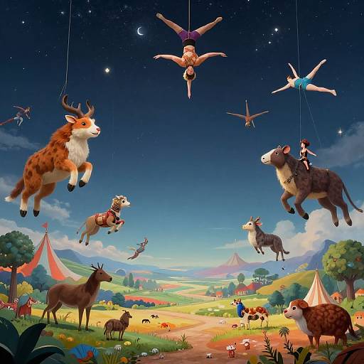 Whimsical digital illustration of flying animals, including deer and birds, against a starry night sky, over a vibrant, colorful landscape with tents and