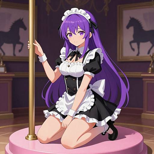 Anime-style digital drawing of a purple-haired maid with large eyes, kneeling on a pink platform, holding a golden pole, in a room with horse paintings