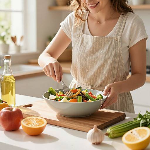 Photograph of smiling woman in white shirt and beige apron, preparing colorful salad with vegetables on wooden countertop, sunlight streaming in.