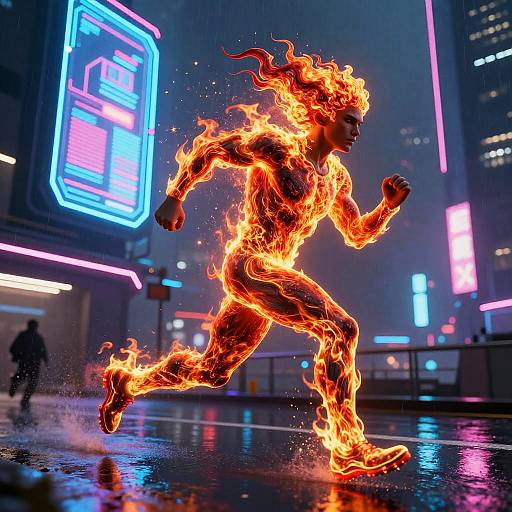 Photorealistic CGI of a fire-enchanted runner, blazing in neon-lit urban night, with vivid orange flames contrasting against a dark, futuristic