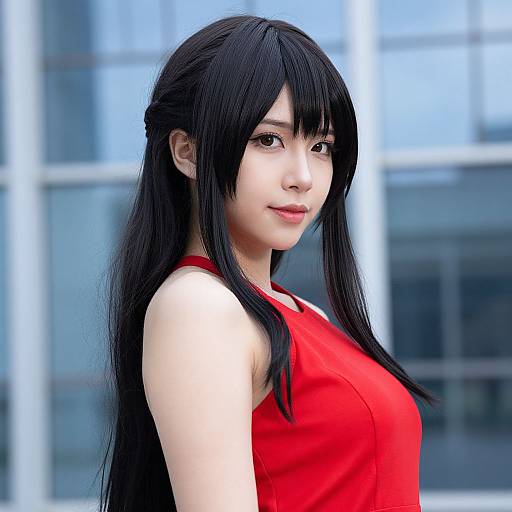 Photorealistic digital art of an East Asian woman with long black hair, wearing a red sleeveless dress, standing in front of a blue glass building