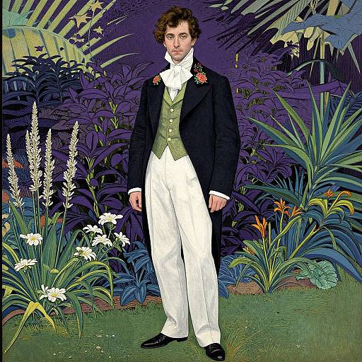 Digital illustration of a young man in white pants, green vest, white shirt, and black jacket, standing in a vibrant, purple-hued garden with