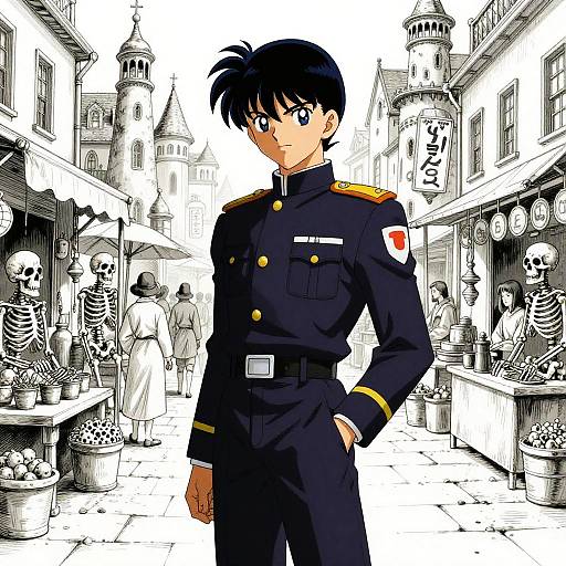 Anime-style drawing of a serious young man in a navy military uniform, standing in a black-and-white market with skull decorations.
