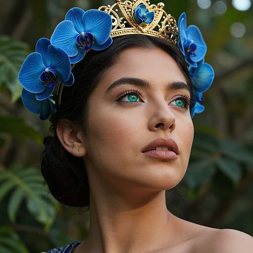 Photograph of a young woman with fair skin, green eyes, and dark hair, wearing a blue flower crown and gold tiara, against a blurred