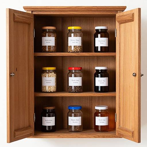 Wooden Cabinet with Labeled Containers