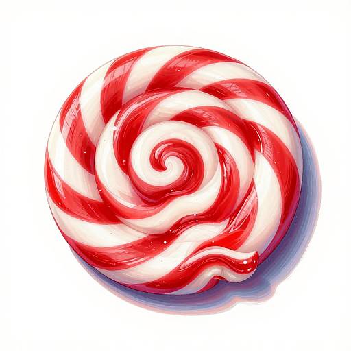 Bright red and white swirled lollipop, digitally illustrated, with glossy texture and a subtle shadow on a white background.
