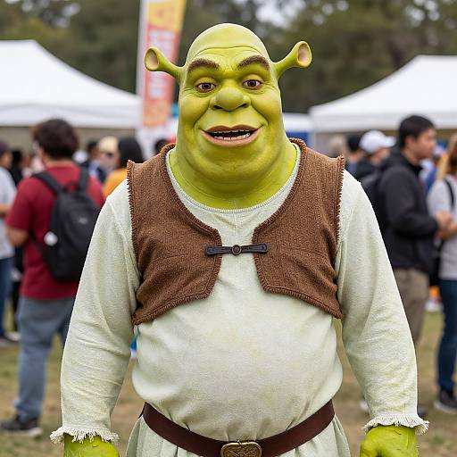 Photograph of a smiling, green-skinned, bald ogre in medieval attire with brown vest, white shirt, and brown belt, outdoors at a