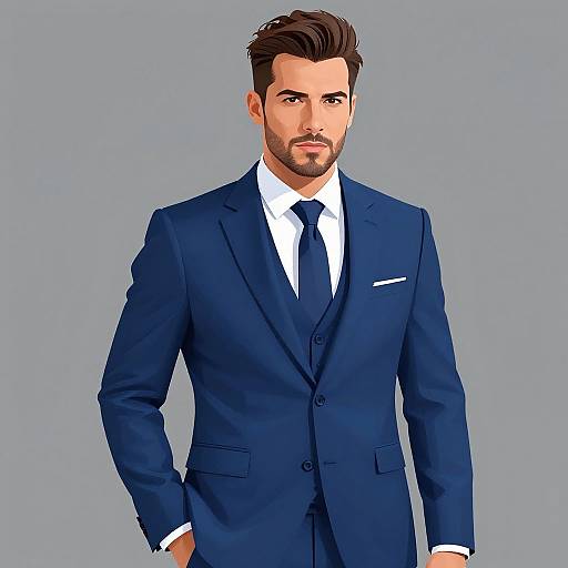 Digital illustration of a handsome, brown-haired man with a trimmed beard, wearing a dark blue suit, white shirt, and black tie, standing against a