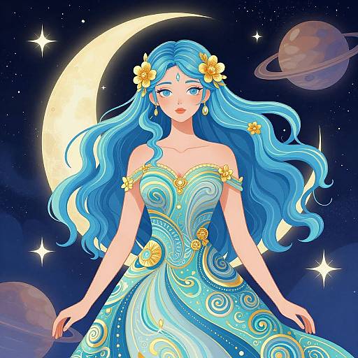 Digital anime-style drawing of a blue-haired woman with yellow flowers in her hair, wearing a swirl-patterned, off-shoulder blue and yellow dress