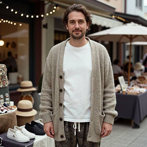 Photograph of a man with wavy brown hair, beard, wearing a white t-shirt, beige knit cardigan, and black patterned pants,