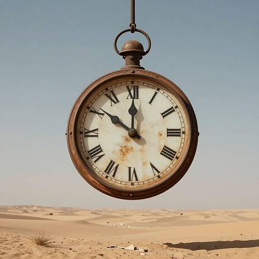 Rustic, antique pocket watch with Roman numerals hangs in a desert landscape under a clear blue sky. Sahara-like sand dunes stretch into the