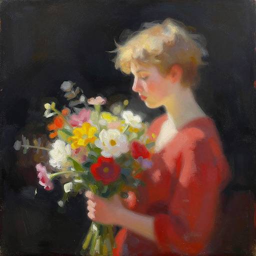 Impressionist painting of a young woman with short blonde hair, wearing a red shirt, holding a vibrant bouquet of flowers against a dark background.