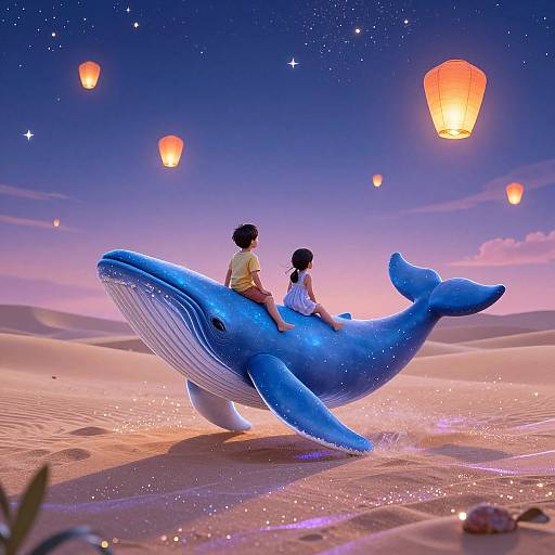 Digital artwork of two children riding a glowing blue whale in a starry desert, surrounded by floating orange lanterns.