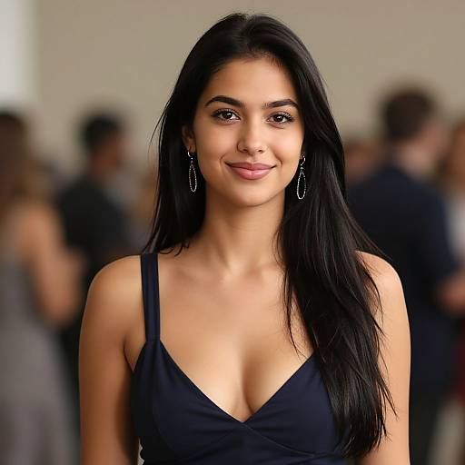 Photograph of a smiling young woman with long black hair, brown eyes, wearing a black V-neck dress, standing in a blurred, crowded background.