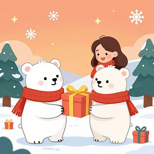 Cartoon-style illustration: Brown-haired girl in red scarf stands in snowy landscape with two white bears, holding a gift box. Snowflakes, sunset